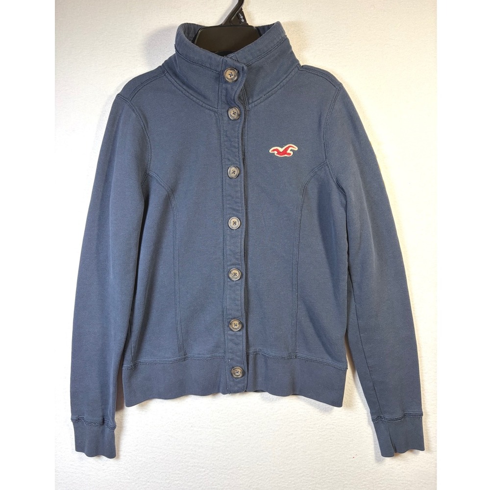 Vintage Hollister Button Front Sweatshirt Womens Large Blue EUC  Mock Neck